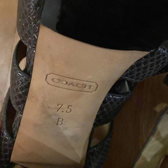 Coach 5” heel Moreen snakeskin gold print heels, open toe 7.5 B laces cut out - Picture 8 of 8